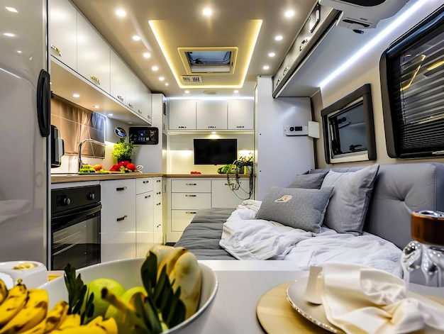 Foto interior de caravana luxuoso e moderno com espaço de vida confortável