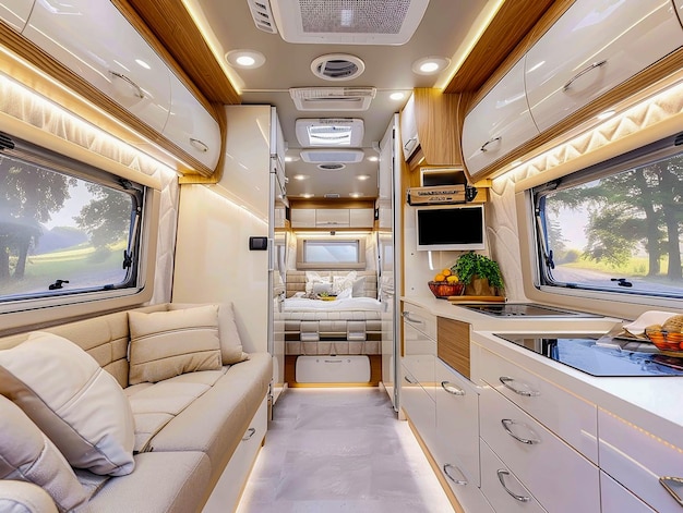 Foto interior de caravana luxuoso e moderno com espaço de vida confortável