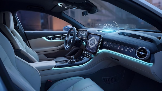 Interior de carro sem motorista com painel futurista para sistema de controle autônomo