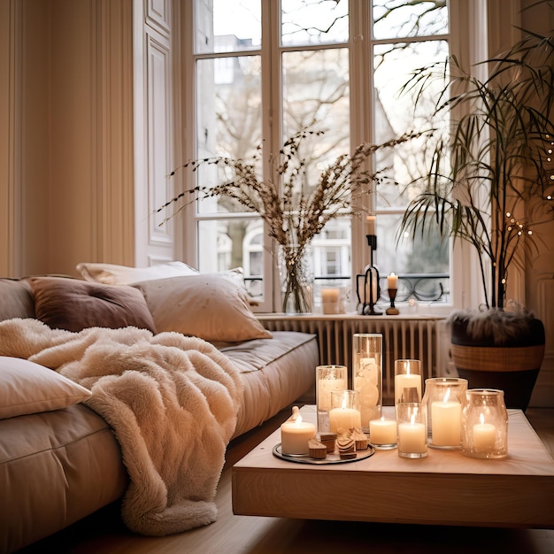 Interior de casa aconchegante e quente com velas queimadas decoração de quarto da tarde arranjo de decoração criativa