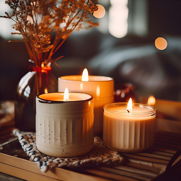 Interior de casa aconchegante e quente com velas queimadas decoração de quarto da tarde arranjo de decoração criativa