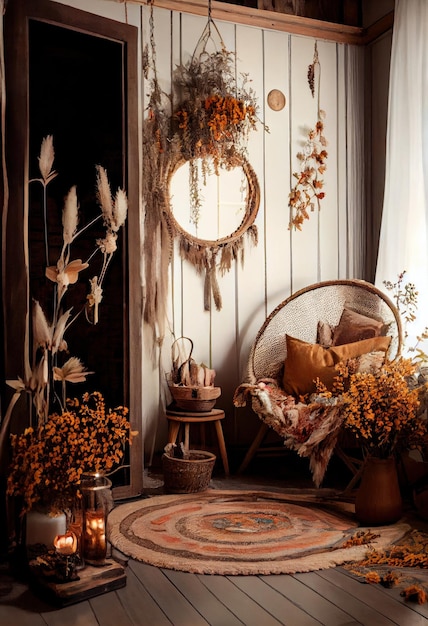 Interior de casa com bela decoração boho étnica