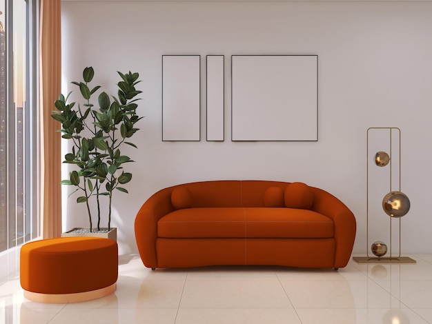 Interior de casa com planta de sofá e moldura de cartaz na moderna sala de estar 3d render