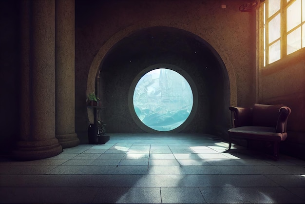 Interior de casa com porta de círculo redondo Arte conceitual Pintura digital Ilustração de fantasia