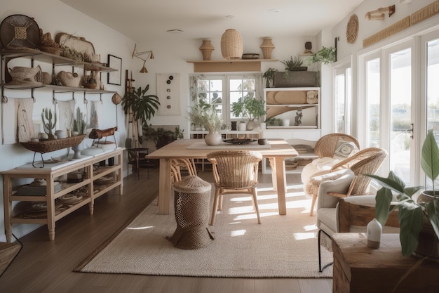 Interior de casa costeira com decoração eclética e vintage