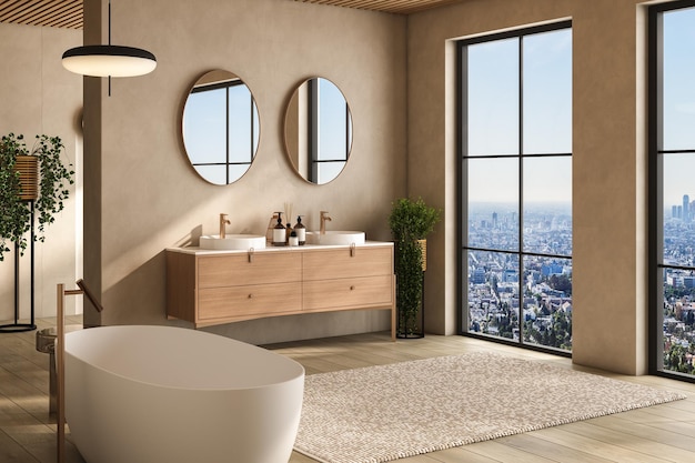 Interior de casa de banho bege com lavatório duplo e tapete de espelho em plantas de banheira de chão de madeira Acessórios de banho e janela em renderização em 3D de estúdio de hotel