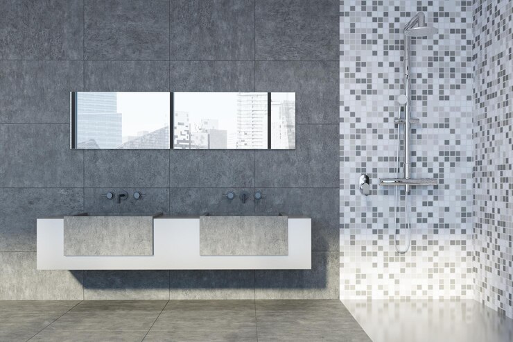 Foto interior de casa de banho em betão e azulejo com um lavatório duplo sobre uma longa prateleira branca e betão com um longo espelho horizontal pendurado por cima. um chuveiro. simulação de renderização 3d
