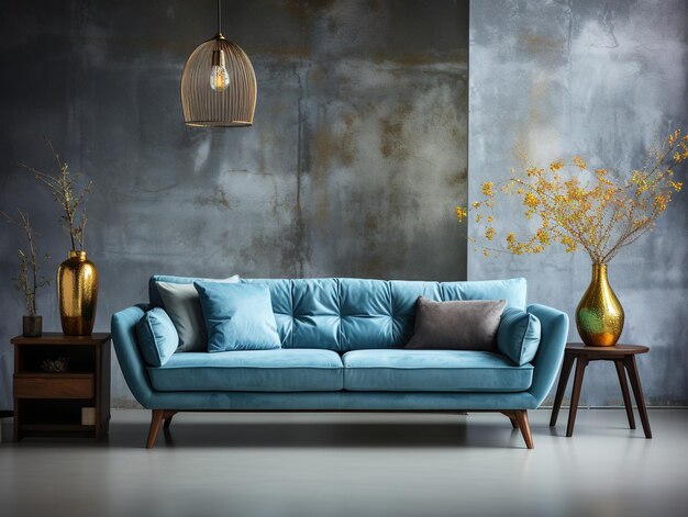 Interior de casa de luxo com sofá caro e luxuoso e decoração de parede e design moderno