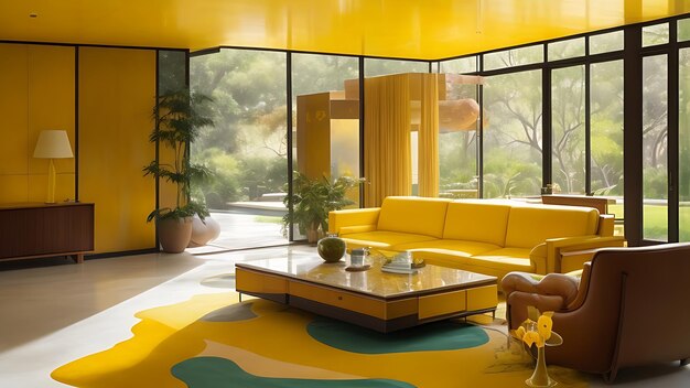 Interior de casa de mármore amarelo MidCentury Elegança moderna em resolução 8k