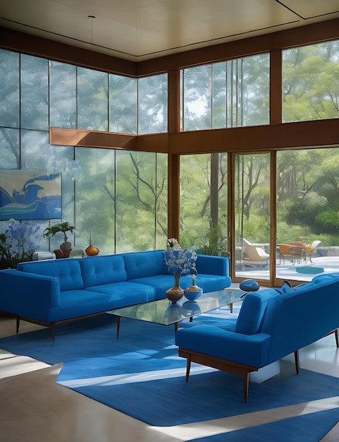 Interior de casa de mármore azul estimulante Elegança moderna de meados do século em resolução de 8k