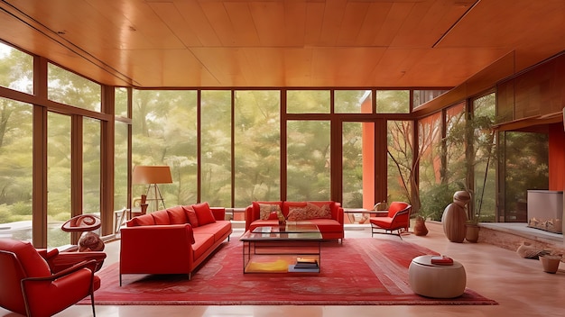 Interior de casa de mármore vermelho MidCentury Elegança moderna em resolução 8k