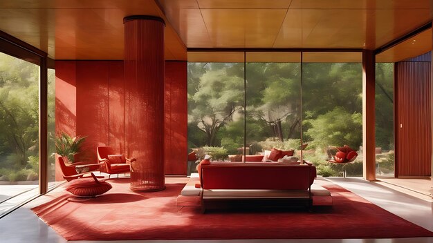 Interior de casa de mármore vermelho MidCentury Elegança moderna em resolução 8k