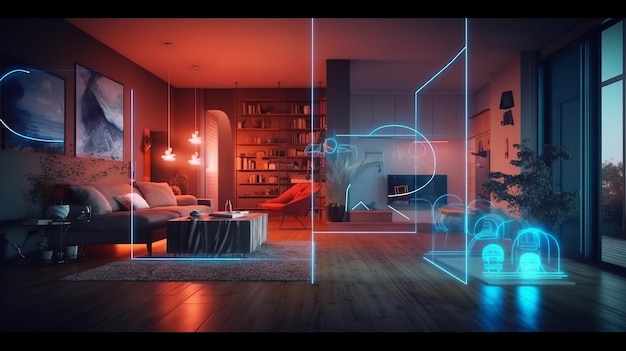 Foto interior de casa inteligente com interface de realidade aumentada ui
