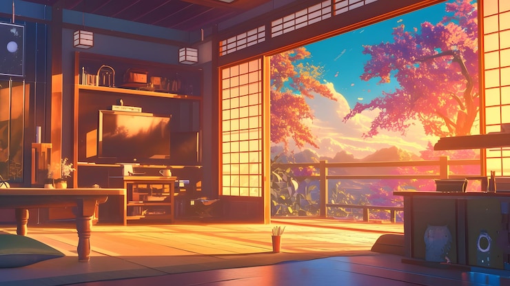 Foto interior de casa japonesa estilo anime lofi vista do pôr do sol