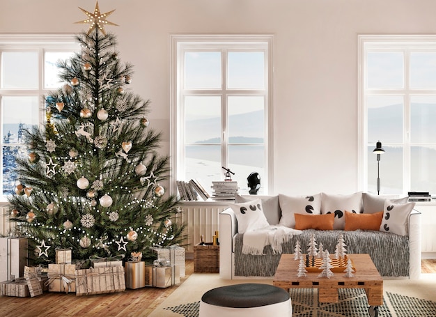 Interior de casa moderna com árvore de ano novo e decoração de natal