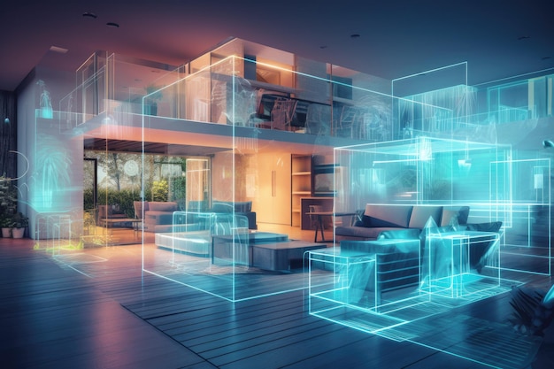 Interior de casa moderna com efeito de holograma digital Interior de sala de estar moderna com luzes brilhantes renderização 3D gerada por IA