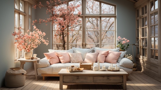 interior de casa moderna em um estilo elegante com grandes janelas sofá e poltrona