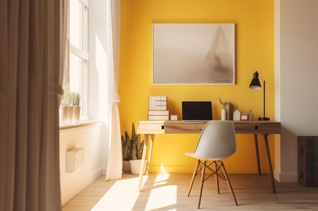 Interior de casa, quarto estilo escandinavo, mock up, renderização em 3D, pacote de moldura de quarto, maquete de moldura de quarto digital, maquete de pôster, maquete de impressão, IA generativa