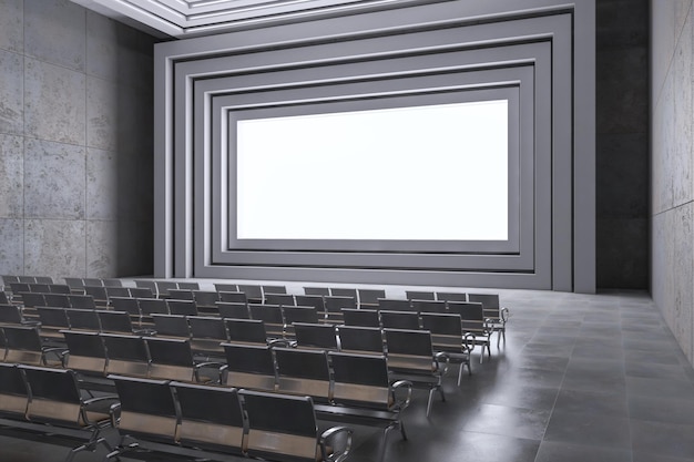 Interior de cinema brilhante com lugar simulado na tela branca e assentos renderização 3D