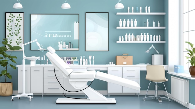 Interior de clínica de beleza moderna com uma cadeira de tratamento branca prateleiras com produtos de cuidados com a pele uma grande obra de arte emoldurada por espelho e um ambiente limpo e pacífico