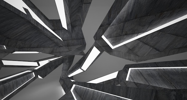 Interior de concreto abstrato com ilustração 3D de iluminação neon e renderização