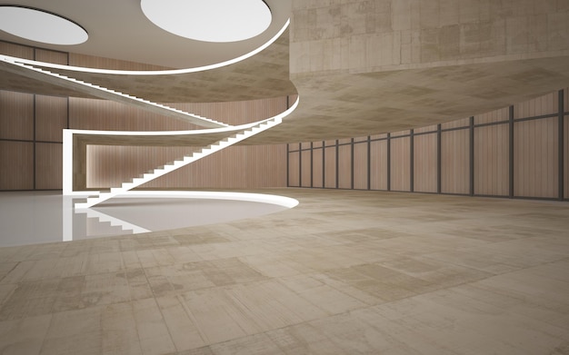 Interior de concreto abstrato com ilustração 3D de iluminação neon e renderização
