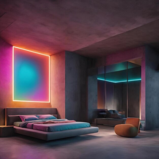 Foto interior de concreto arquitetônico abstrato de uma casa minimalista com iluminação de néon de gradiente de cor 3d