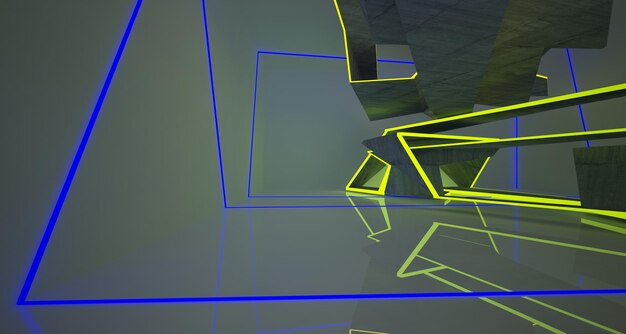 Interior de concreto arquitetônico abstrato de uma casa minimalista com iluminação neon gradiente de cor 3D