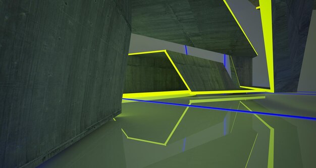 Interior de concreto arquitetônico abstrato de uma casa minimalista com iluminação neon gradiente de cor 3D