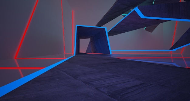 Interior de concreto arquitetônico abstrato de uma casa minimalista com iluminação neon gradiente de cor 3D