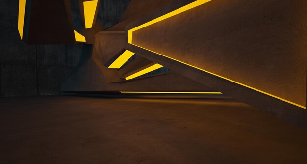 Interior de concreto arquitetônico abstrato de uma casa minimalista com iluminação neon gradiente de cor 3D