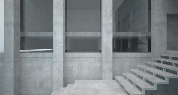 Interior de concreto arquitetônico abstrato de uma casa minimalista em pé na água 3D