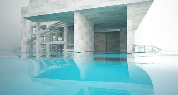 Interior de concreto arquitetônico abstrato de uma casa minimalista em pé na água 3D