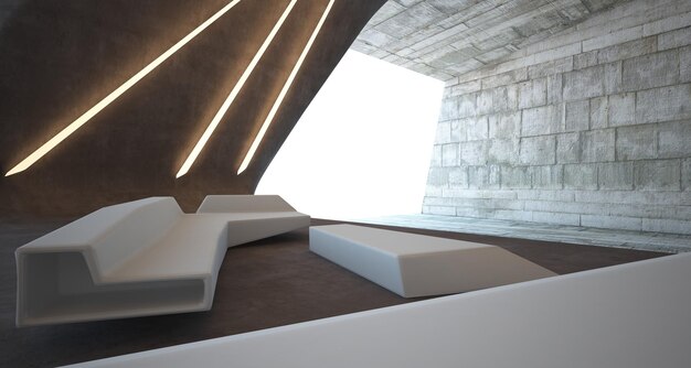 Interior de concreto arquitetônico abstrato de uma ilustração e renderização 3D de villa moderna