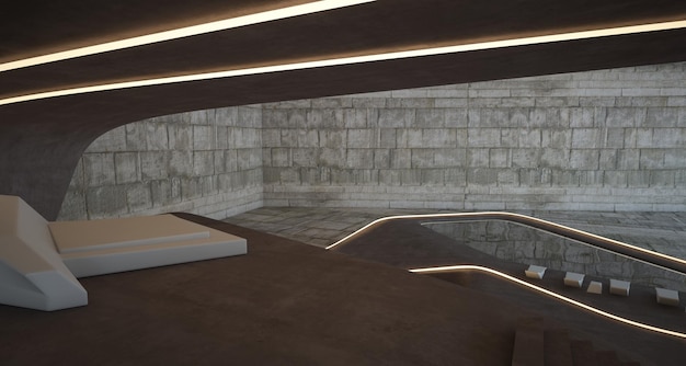 Interior de concreto arquitetônico abstrato de uma ilustração e renderização 3D de villa moderna