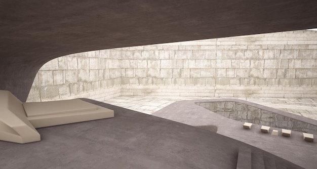 Interior de concreto arquitetônico abstrato de uma ilustração e renderização 3D de villa moderna