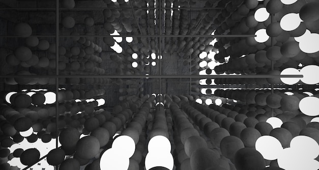 Foto interior de concreto arquitetônico abstrato de uma variedade de esferas com grandes janelas 3d