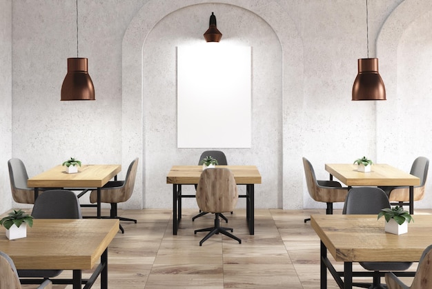 Interior de concreto café com piso de madeira, mesas e cadeiras. Arco como janelas. Um poster. simulação de renderização 3D