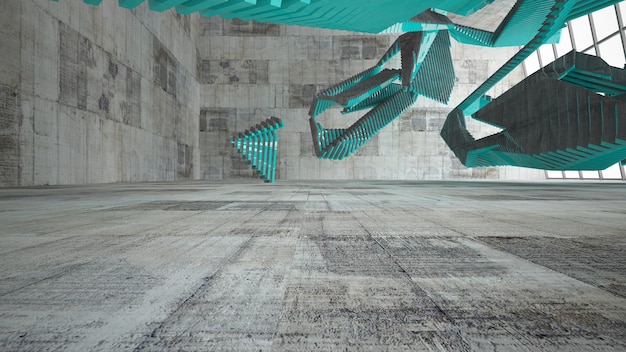 Interior de concreto marrom e bege abstrato com ilustração 3D de iluminação neon e renderização