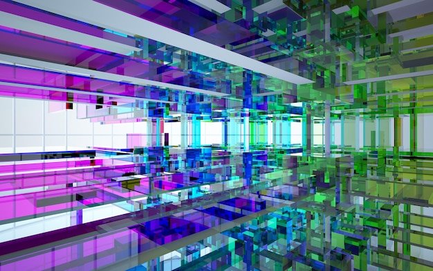 Interior de cor gradiente de vidro arquitetônico abstrato de uma casa minimalista com grandes janelas 3D