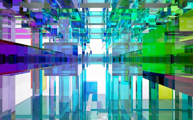 Interior de cor gradiente de vidro arquitetônico abstrato de uma casa minimalista com grandes janelas 3D