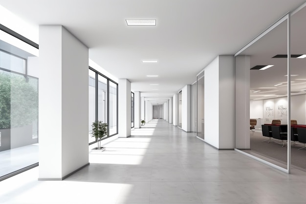 Interior de corredor ou corredor de escritório moderno com espaço vazio sobre a parede branca e a sala de reuniões