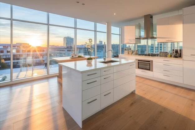 Interior de cozinha branca moderna e espaçosa com uma vista espetacular do nascer do sol em um arranha-céu urbano