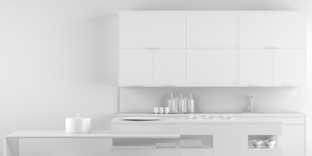 Interior de cozinha branco fundo monocromático 3d renderização 3d ilustração