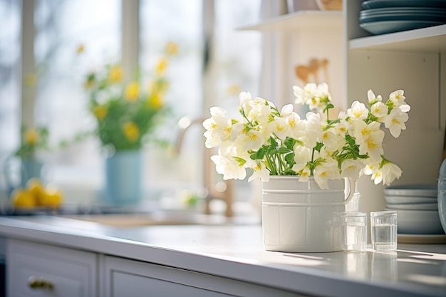 Interior de cozinha brilhante buquê de flores e pratos brancos Dia branco