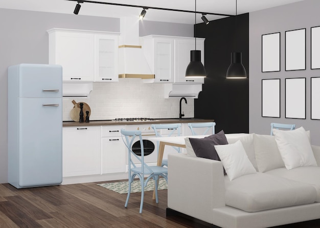 Interior de cozinha clássica branca com geladeira azul e parede de giz preto. renderização 3D.