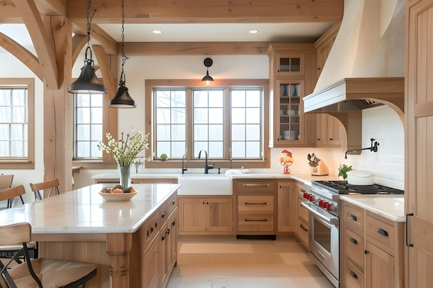 Interior de cozinha de madeira de casa de campo moderna com grandes janelas panorâmicas