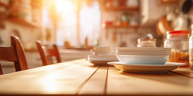 Interior de cozinha desfocado como pano de fundo da mesa