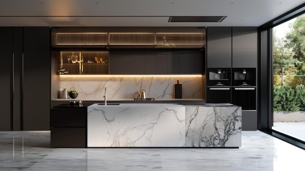 Interior de cozinha luxuoso com armários pretos e ilha de mármore