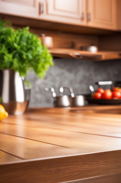 Interior de cozinha moderna com bancada de madeira